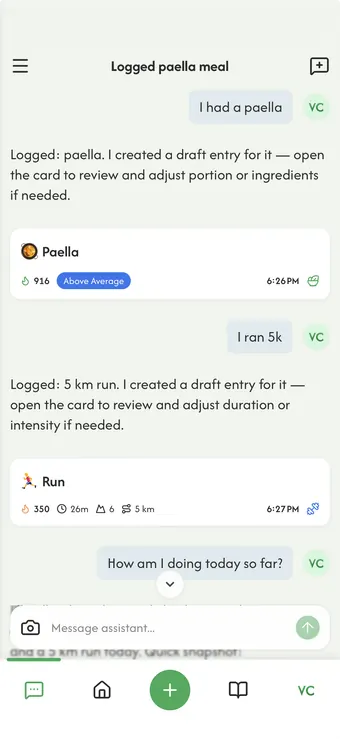 Anfold assistant chat: “I had a paella” and “I ran 5k” become draft meal and run entries to review